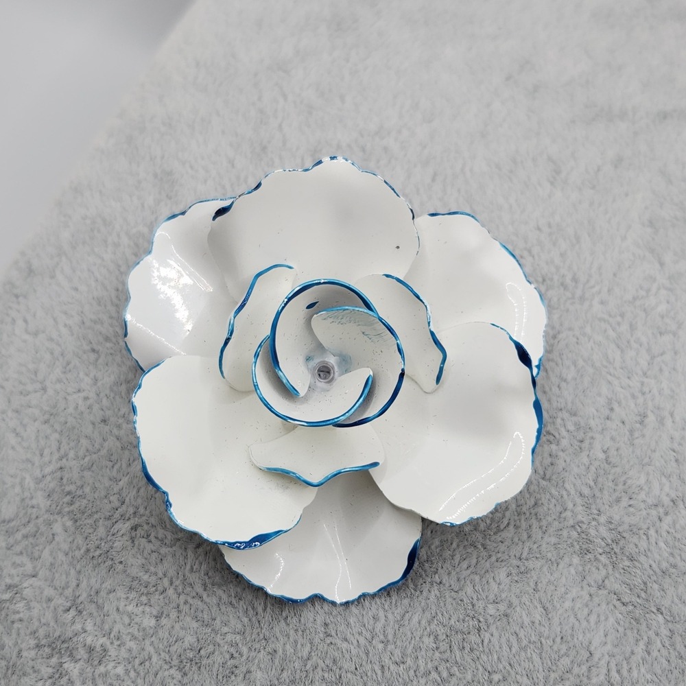 Vintage White Blue Enamel Flower Brooch Mod Pop Art Floral Pin 50s MCM 2.25"